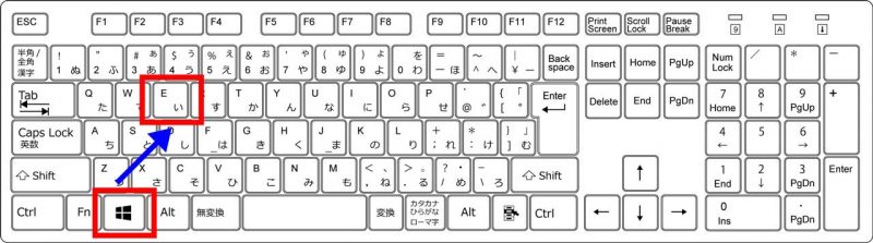 Windowsキー+Eのキーボードショートカットを図示したキーボード