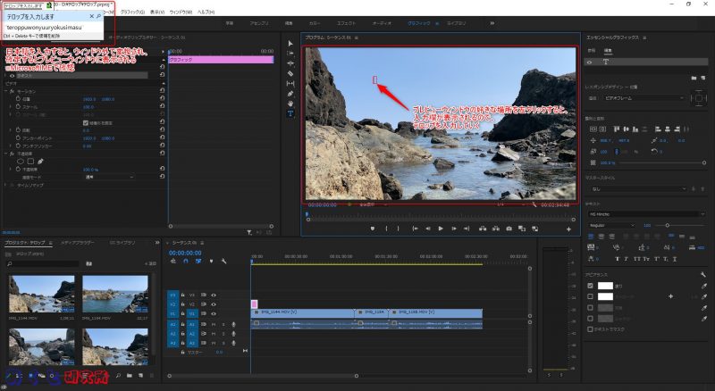Adobe Premiere Proでエッセンシャルグラフィックを使用するチュートリアルの画像、文字入力ツールを選択してプレビューウィンドウをクリックすると、入力欄が出てきて文字が入力される